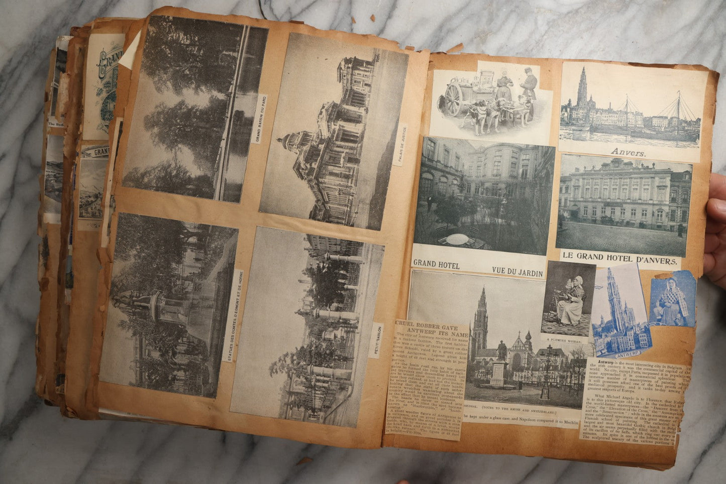 Lot 081 - Antique Marbled Paper Scrapbook Album With Board And Fabric Binding, England, Holland, France, European Travel Ephemera, Two Spreads Homemade Herbarium, Circa 1899