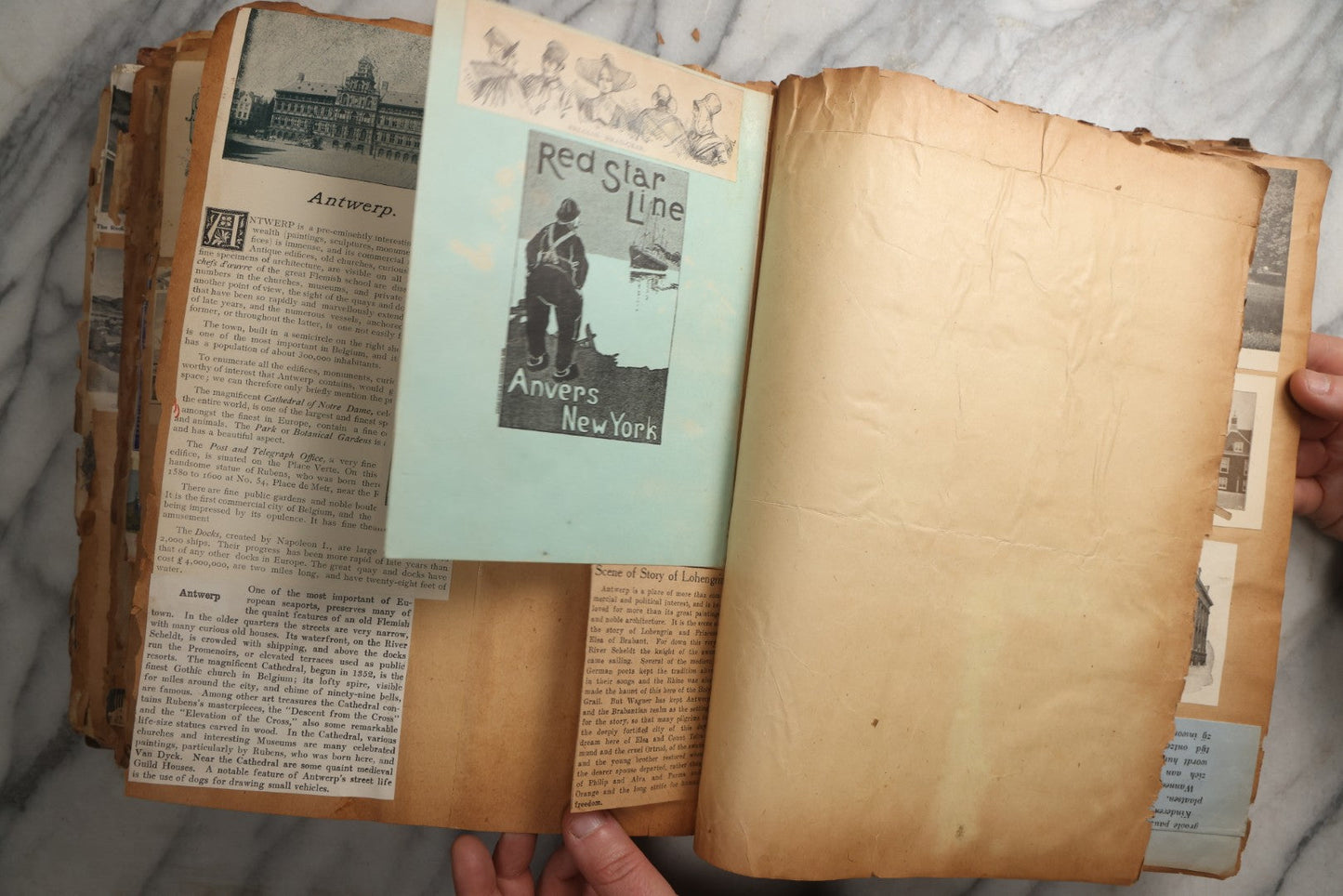 Lot 081 - Antique Marbled Paper Scrapbook Album With Board And Fabric Binding, England, Holland, France, European Travel Ephemera, Two Spreads Homemade Herbarium, Circa 1899