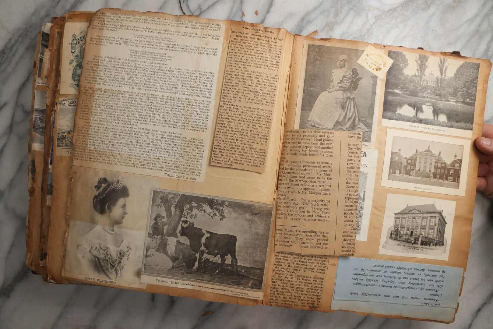 Lot 081 - Antique Marbled Paper Scrapbook Album With Board And Fabric Binding, England, Holland, France, European Travel Ephemera, Two Spreads Homemade Herbarium, Circa 1899