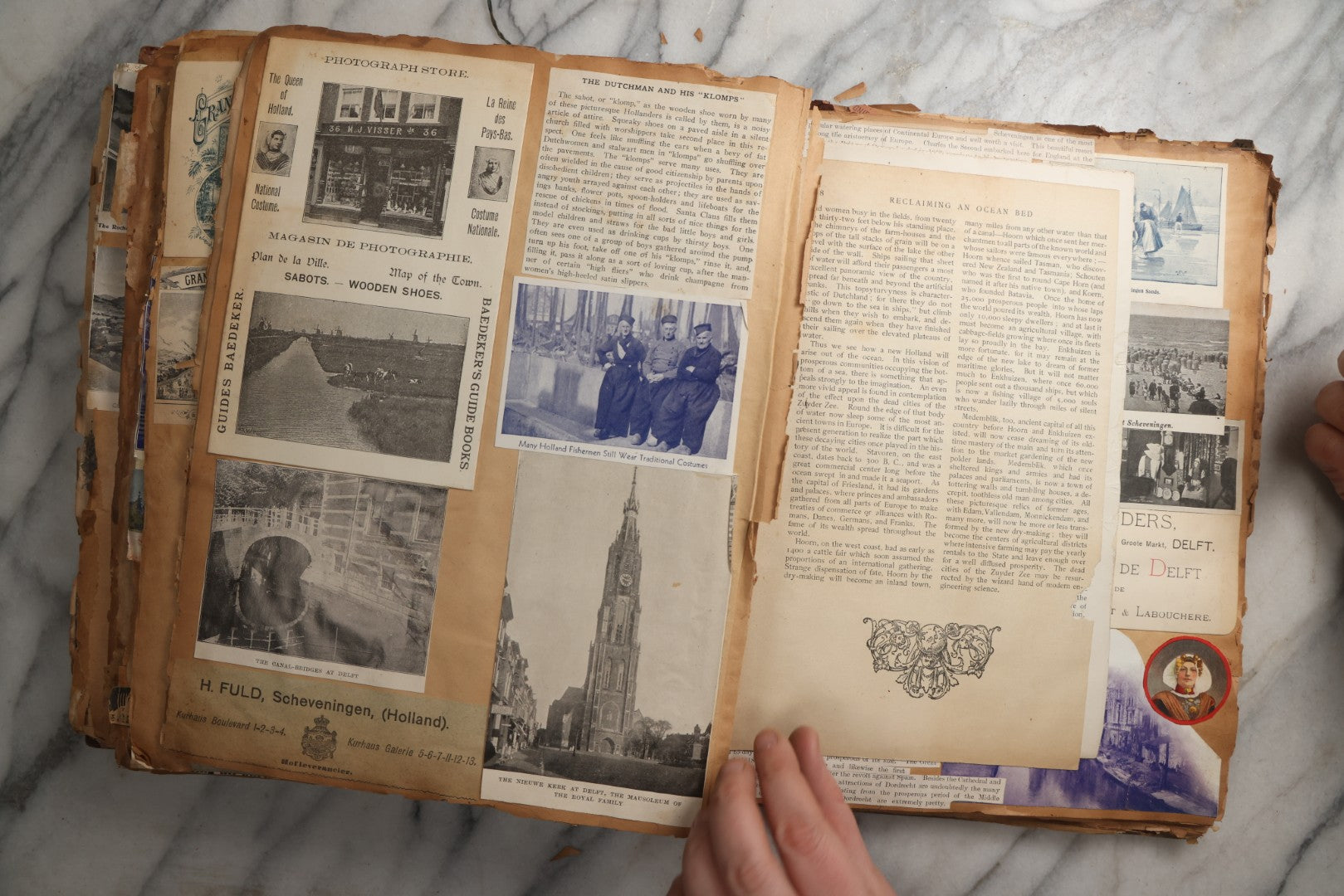 Lot 081 - Antique Marbled Paper Scrapbook Album With Board And Fabric Binding, England, Holland, France, European Travel Ephemera, Two Spreads Homemade Herbarium, Circa 1899
