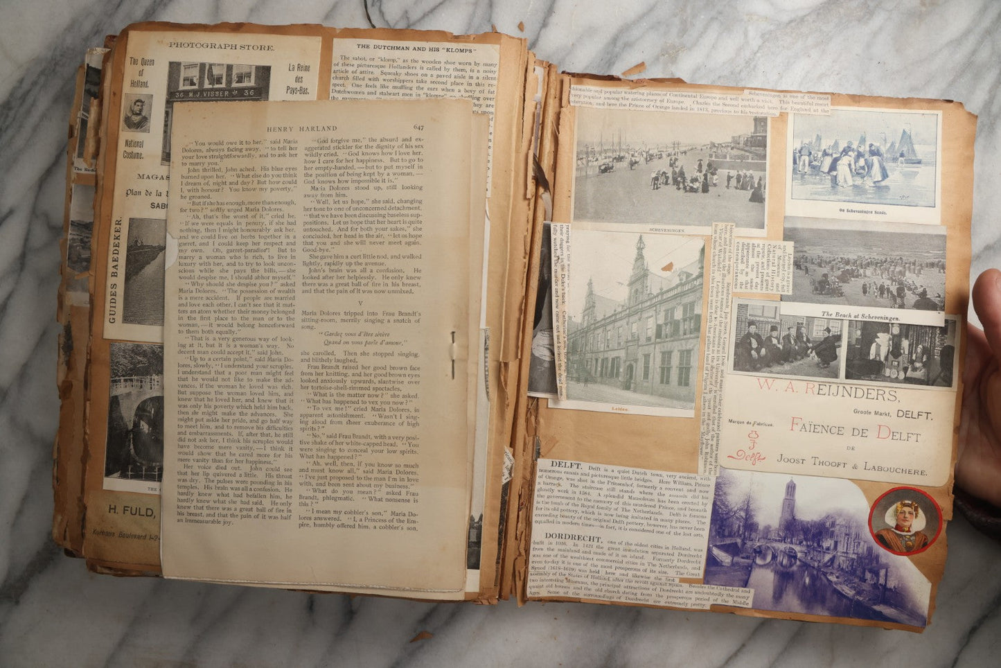 Lot 081 - Antique Marbled Paper Scrapbook Album With Board And Fabric Binding, England, Holland, France, European Travel Ephemera, Two Spreads Homemade Herbarium, Circa 1899