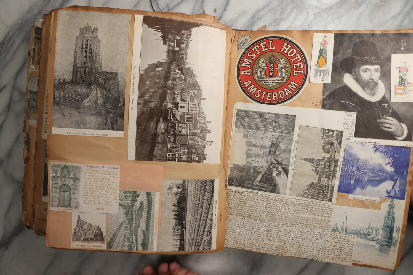 Lot 081 - Antique Marbled Paper Scrapbook Album With Board And Fabric Binding, England, Holland, France, European Travel Ephemera, Two Spreads Homemade Herbarium, Circa 1899