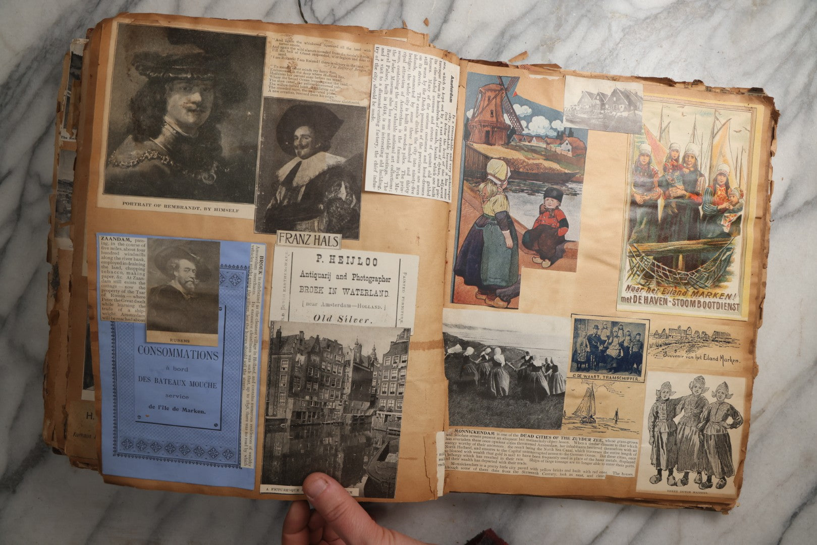 Lot 081 - Antique Marbled Paper Scrapbook Album With Board And Fabric Binding, England, Holland, France, European Travel Ephemera, Two Spreads Homemade Herbarium, Circa 1899