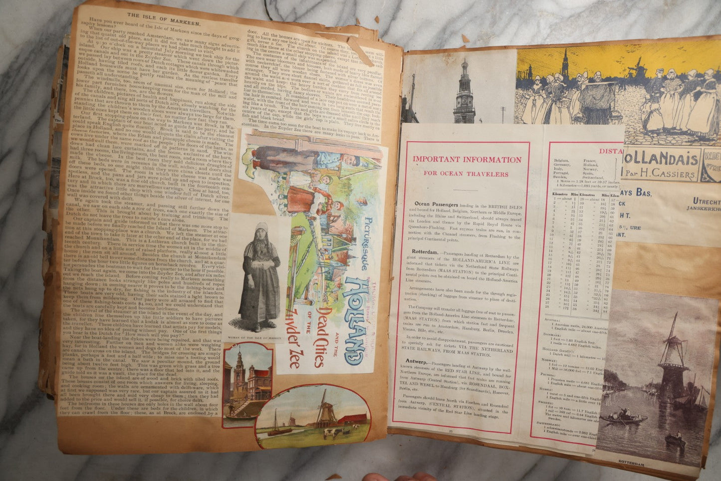 Lot 081 - Antique Marbled Paper Scrapbook Album With Board And Fabric Binding, England, Holland, France, European Travel Ephemera, Two Spreads Homemade Herbarium, Circa 1899