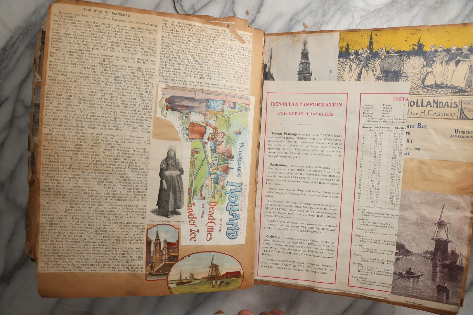 Lot 081 - Antique Marbled Paper Scrapbook Album With Board And Fabric Binding, England, Holland, France, European Travel Ephemera, Two Spreads Homemade Herbarium, Circa 1899