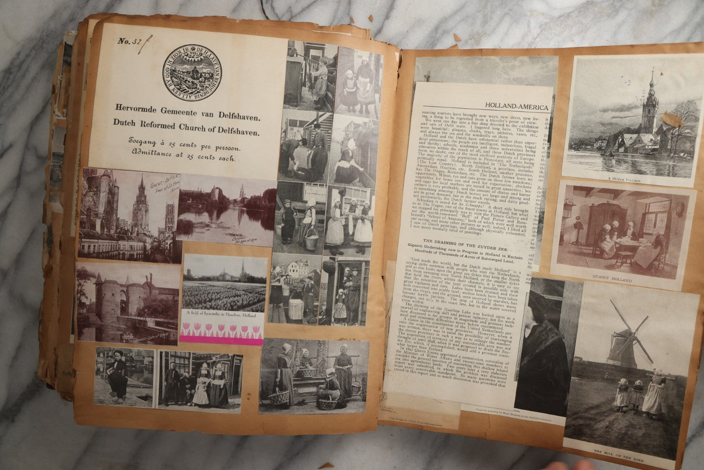 Lot 081 - Antique Marbled Paper Scrapbook Album With Board And Fabric Binding, England, Holland, France, European Travel Ephemera, Two Spreads Homemade Herbarium, Circa 1899