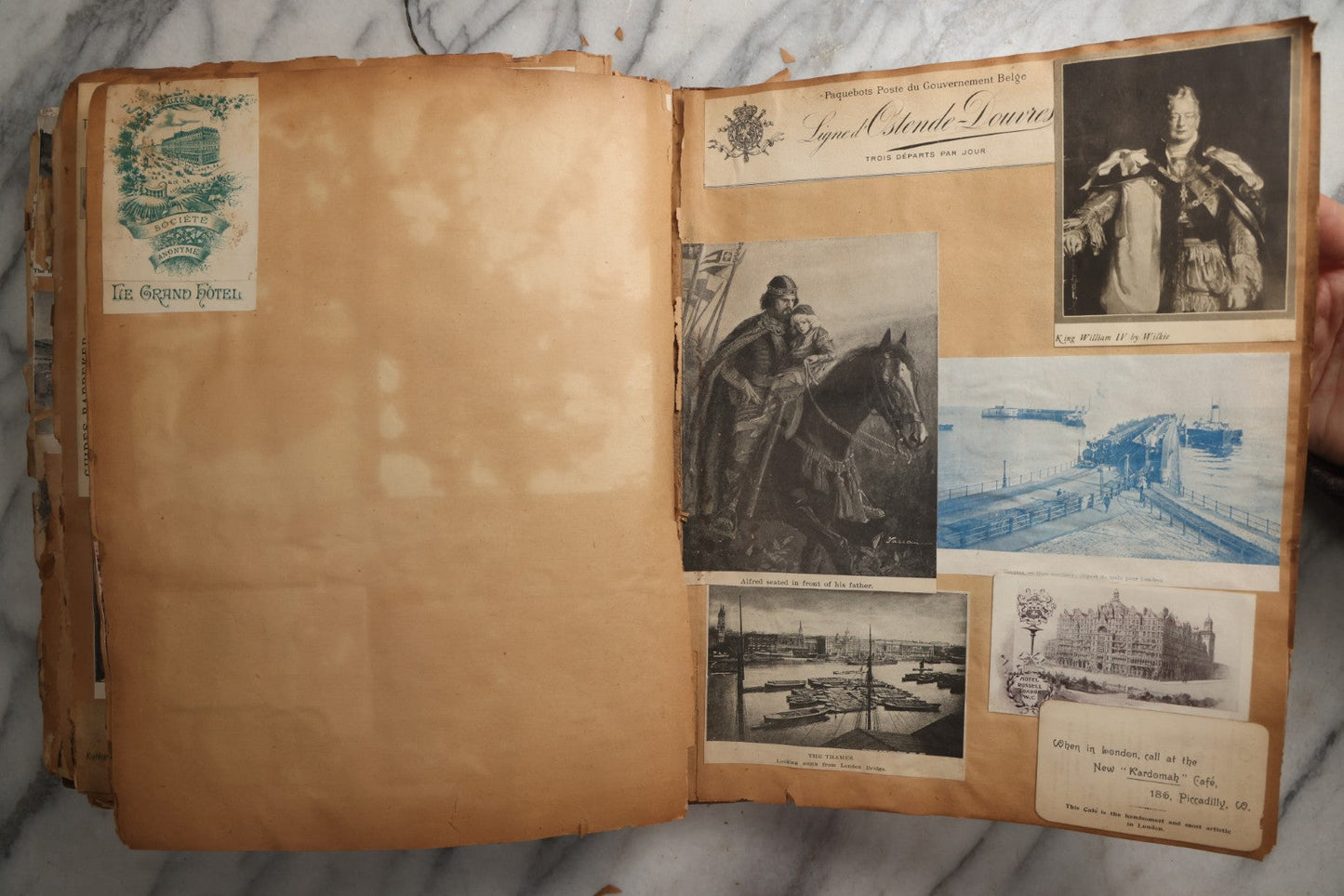 Lot 081 - Antique Marbled Paper Scrapbook Album With Board And Fabric Binding, England, Holland, France, European Travel Ephemera, Two Spreads Homemade Herbarium, Circa 1899