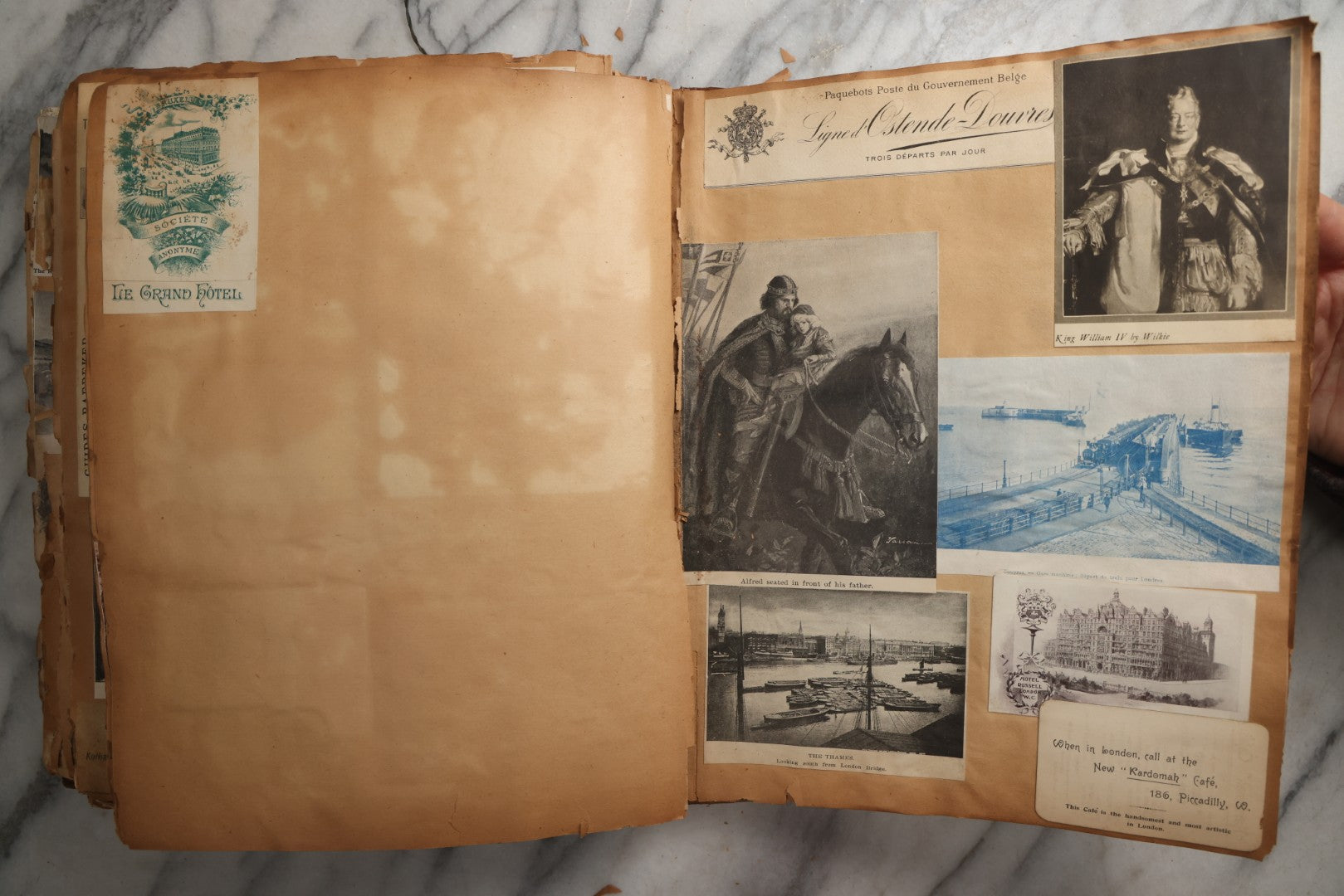 Lot 081 - Antique Marbled Paper Scrapbook Album With Board And Fabric Binding, England, Holland, France, European Travel Ephemera, Two Spreads Homemade Herbarium, Circa 1899