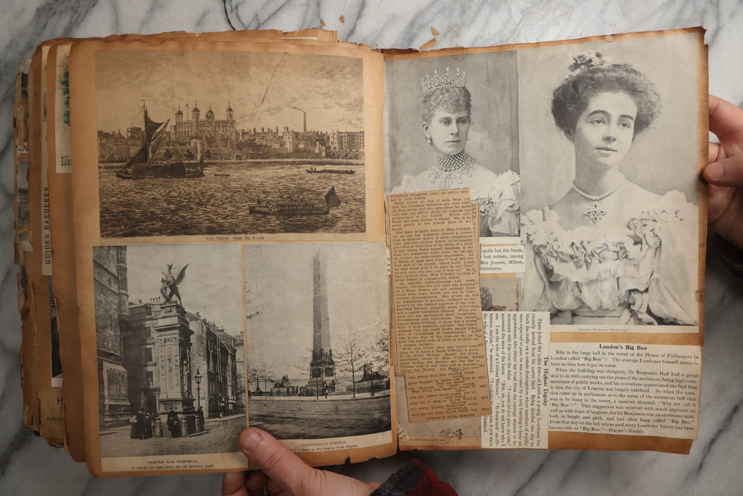 Lot 081 - Antique Marbled Paper Scrapbook Album With Board And Fabric Binding, England, Holland, France, European Travel Ephemera, Two Spreads Homemade Herbarium, Circa 1899