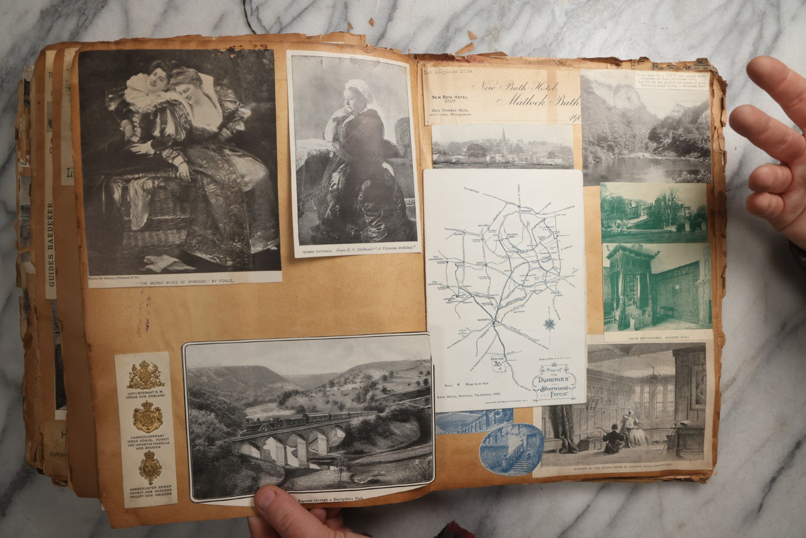 Lot 081 - Antique Marbled Paper Scrapbook Album With Board And Fabric Binding, England, Holland, France, European Travel Ephemera, Two Spreads Homemade Herbarium, Circa 1899