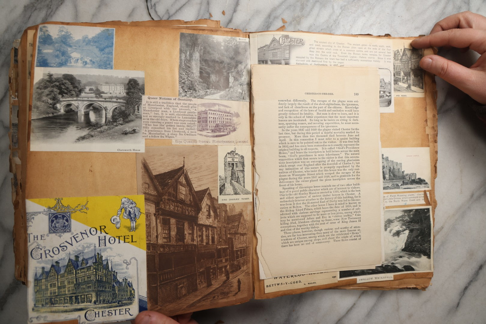 Lot 081 - Antique Marbled Paper Scrapbook Album With Board And Fabric Binding, England, Holland, France, European Travel Ephemera, Two Spreads Homemade Herbarium, Circa 1899