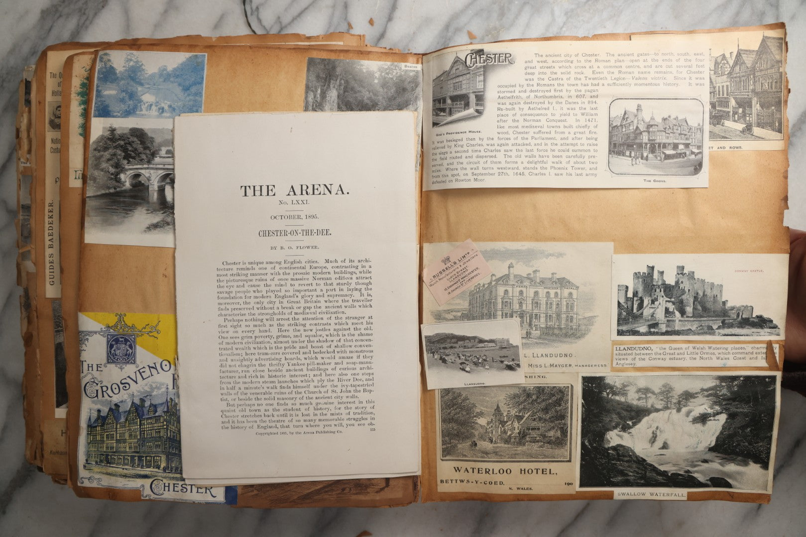 Lot 081 - Antique Marbled Paper Scrapbook Album With Board And Fabric Binding, England, Holland, France, European Travel Ephemera, Two Spreads Homemade Herbarium, Circa 1899