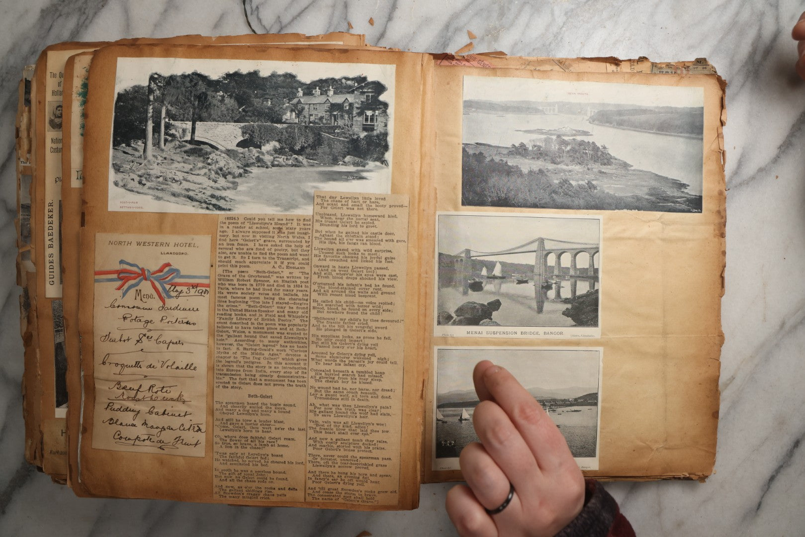 Lot 081 - Antique Marbled Paper Scrapbook Album With Board And Fabric Binding, England, Holland, France, European Travel Ephemera, Two Spreads Homemade Herbarium, Circa 1899