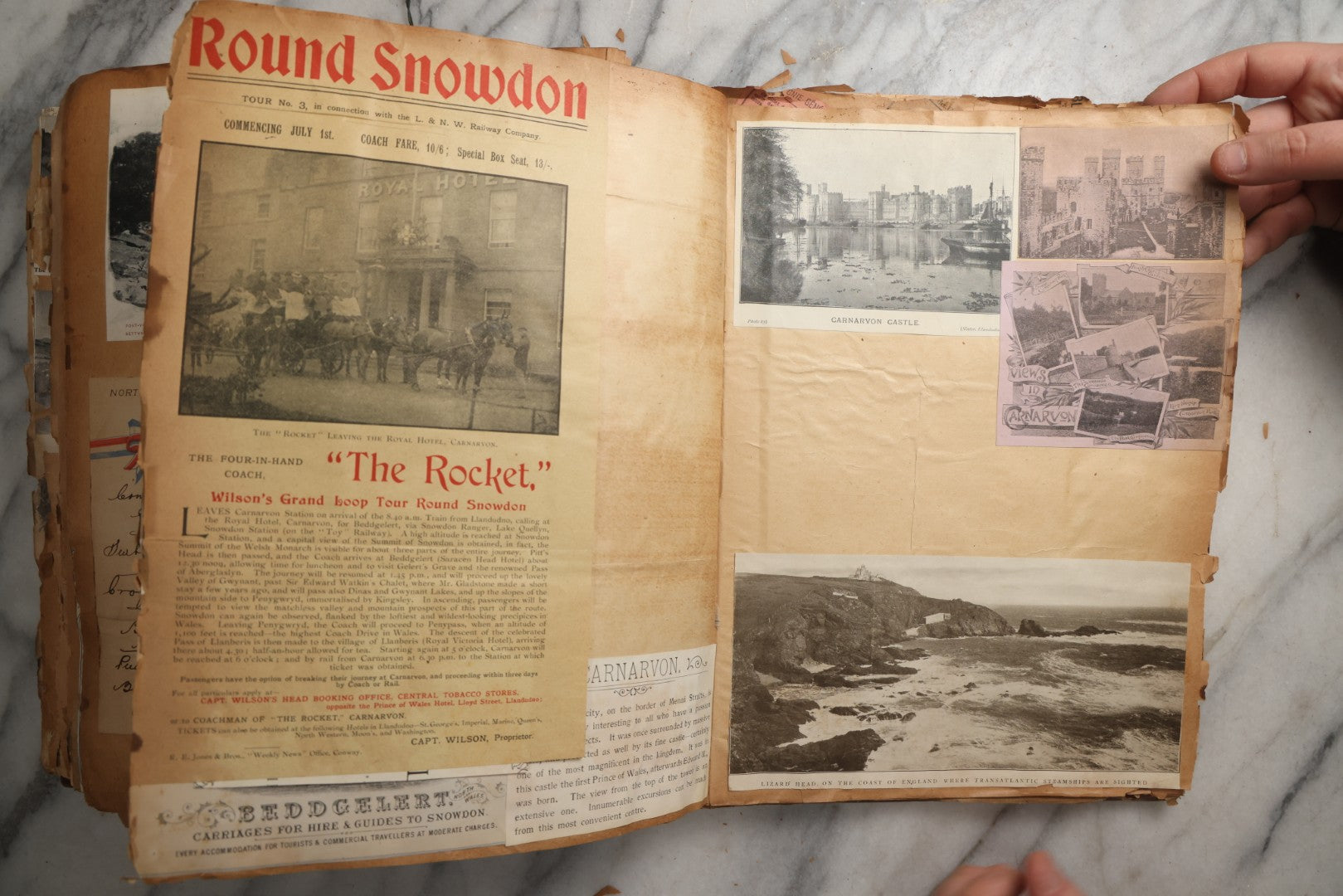 Lot 081 - Antique Marbled Paper Scrapbook Album With Board And Fabric Binding, England, Holland, France, European Travel Ephemera, Two Spreads Homemade Herbarium, Circa 1899