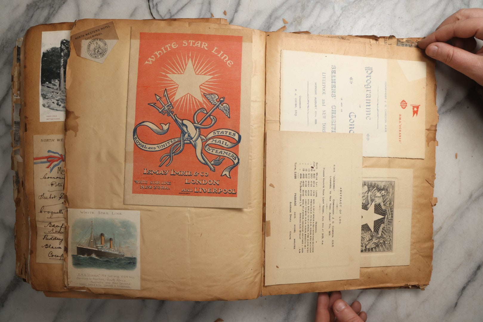 Lot 081 - Antique Marbled Paper Scrapbook Album With Board And Fabric Binding, England, Holland, France, European Travel Ephemera, Two Spreads Homemade Herbarium, Circa 1899