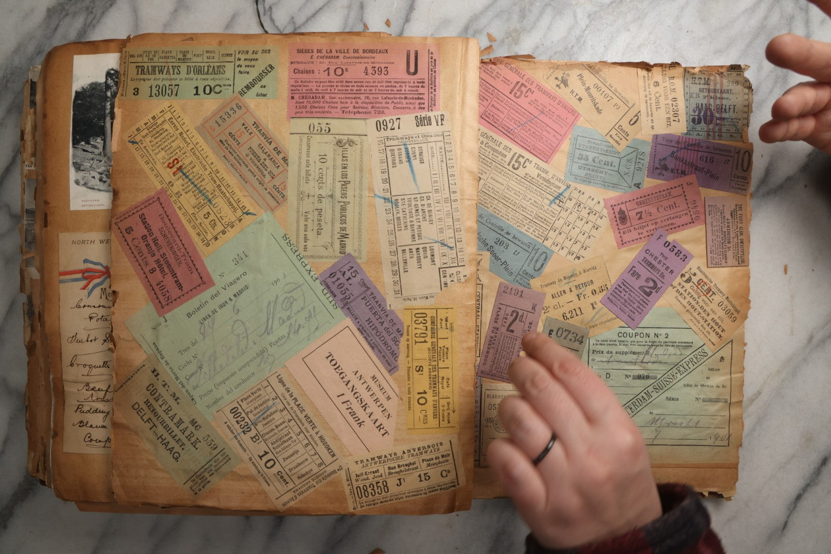 Lot 081 - Antique Marbled Paper Scrapbook Album With Board And Fabric Binding, England, Holland, France, European Travel Ephemera, Two Spreads Homemade Herbarium, Circa 1899