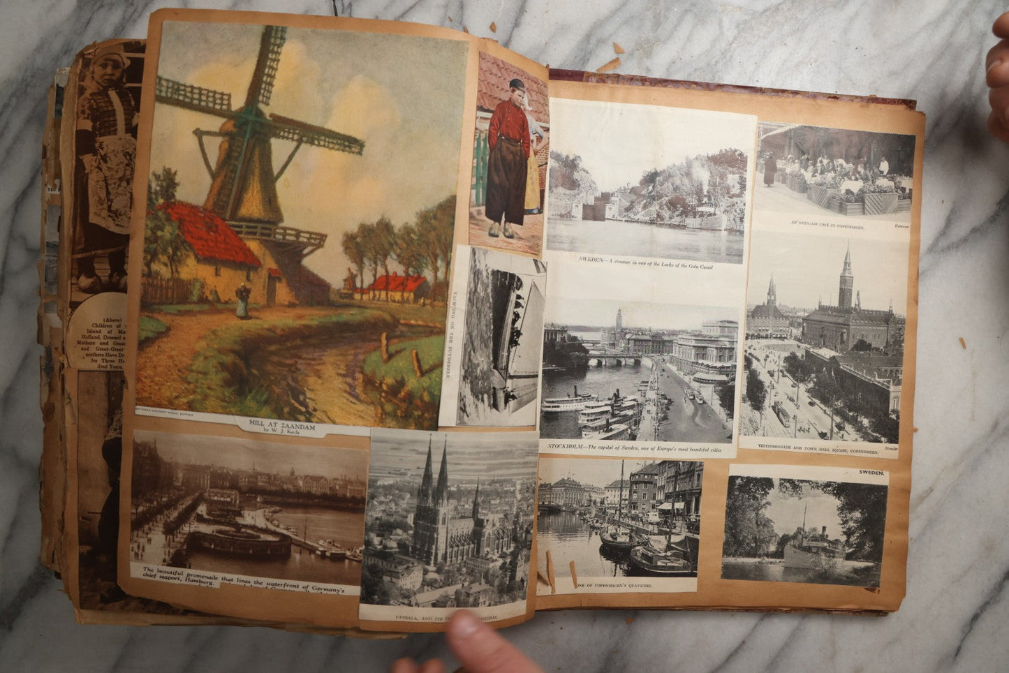 Lot 081 - Antique Marbled Paper Scrapbook Album With Board And Fabric Binding, England, Holland, France, European Travel Ephemera, Two Spreads Homemade Herbarium, Circa 1899