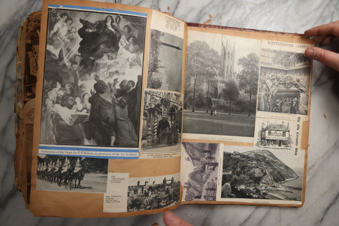 Lot 081 - Antique Marbled Paper Scrapbook Album With Board And Fabric Binding, England, Holland, France, European Travel Ephemera, Two Spreads Homemade Herbarium, Circa 1899