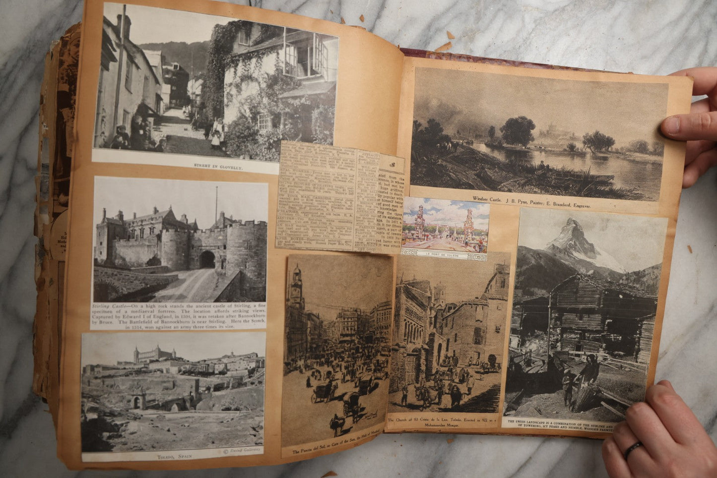 Lot 081 - Antique Marbled Paper Scrapbook Album With Board And Fabric Binding, England, Holland, France, European Travel Ephemera, Two Spreads Homemade Herbarium, Circa 1899