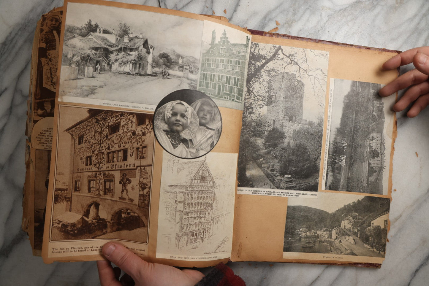 Lot 081 - Antique Marbled Paper Scrapbook Album With Board And Fabric Binding, England, Holland, France, European Travel Ephemera, Two Spreads Homemade Herbarium, Circa 1899