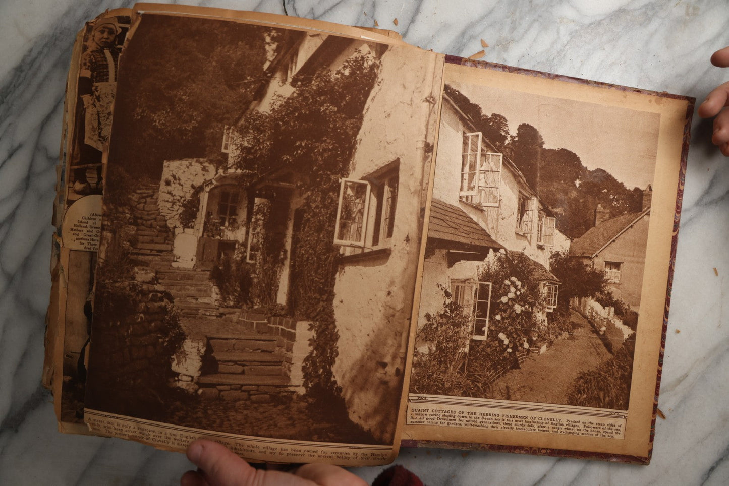 Lot 081 - Antique Marbled Paper Scrapbook Album With Board And Fabric Binding, England, Holland, France, European Travel Ephemera, Two Spreads Homemade Herbarium, Circa 1899