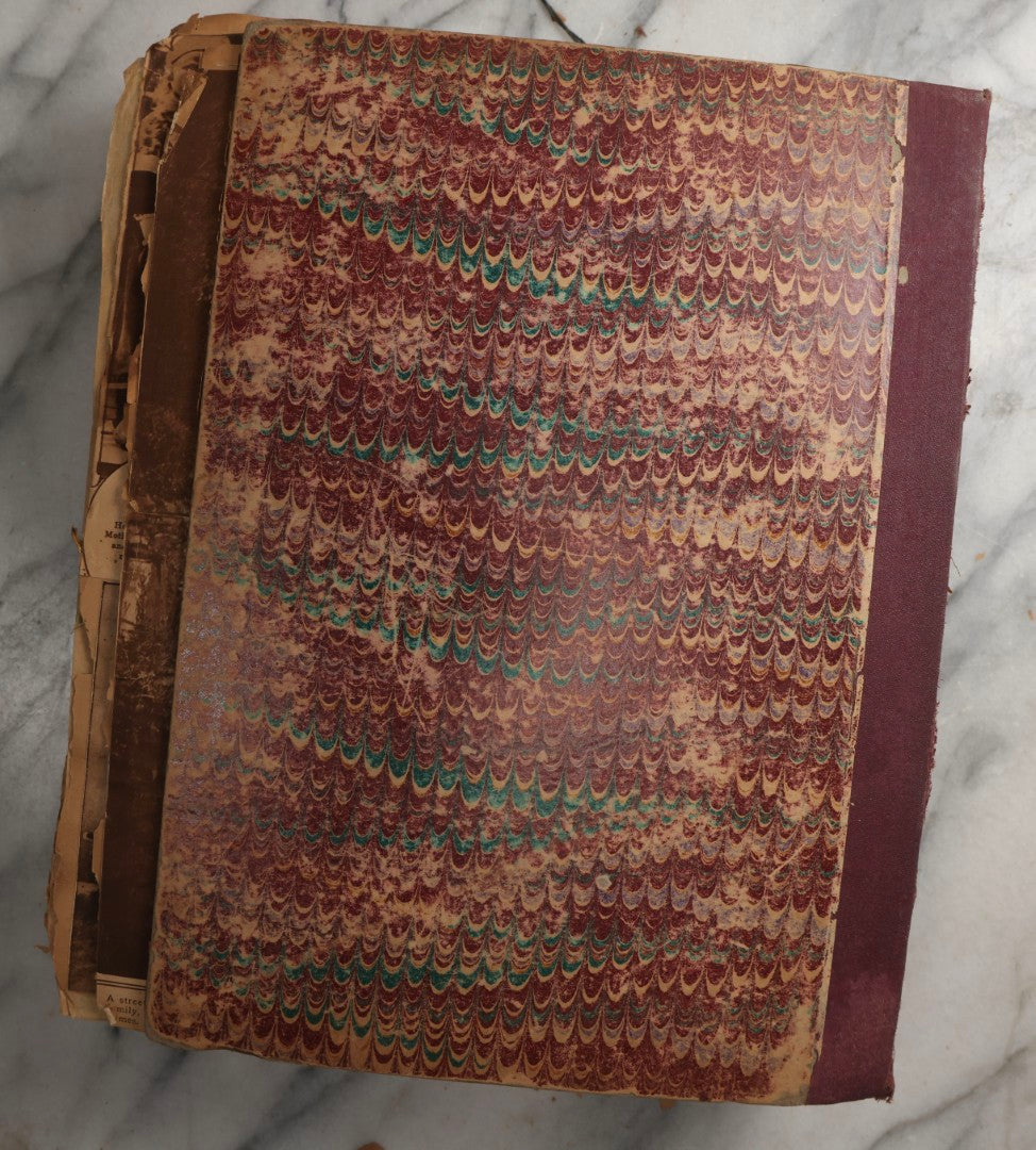 Lot 081 - Antique Marbled Paper Scrapbook Album With Board And Fabric Binding, England, Holland, France, European Travel Ephemera, Two Spreads Homemade Herbarium, Circa 1899