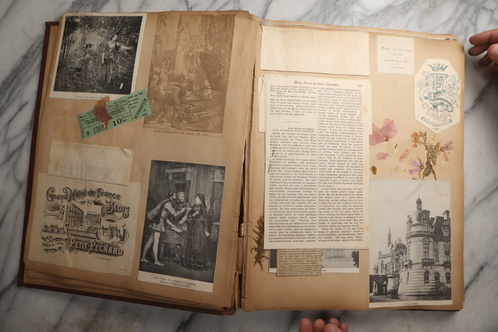 Lot 082 - Antique Brown Scrapbook Album With Gold Borders, European Travel Ephemera Including Touraine, Northern Spain, Holland, Wales, Thomas Cook Tickets, Hotel Menus, Postcards, Pressed Flowers, Circa 1901