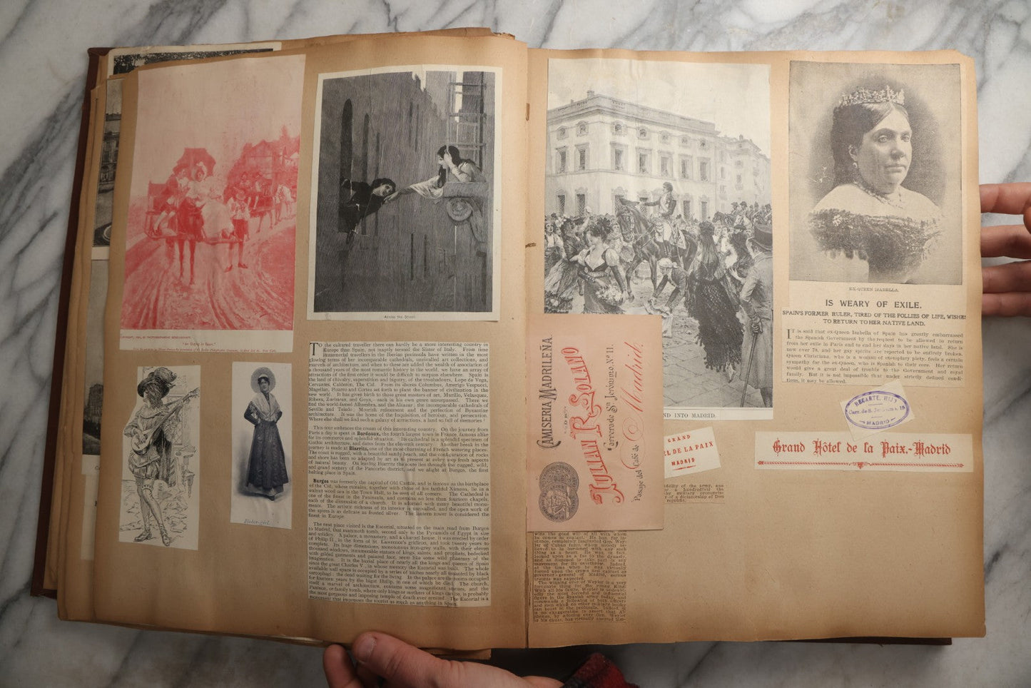 Lot 082 - Antique Brown Scrapbook Album With Gold Borders, European Travel Ephemera Including Touraine, Northern Spain, Holland, Wales, Thomas Cook Tickets, Hotel Menus, Postcards, Pressed Flowers, Circa 1901