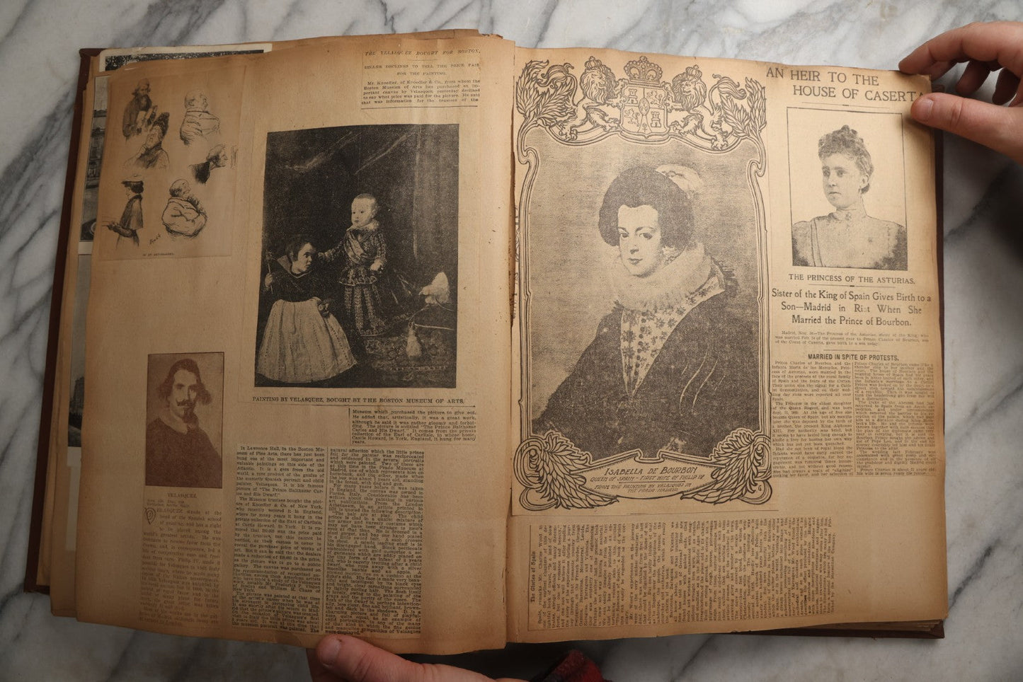 Lot 082 - Antique Brown Scrapbook Album With Gold Borders, European Travel Ephemera Including Touraine, Northern Spain, Holland, Wales, Thomas Cook Tickets, Hotel Menus, Postcards, Pressed Flowers, Circa 1901