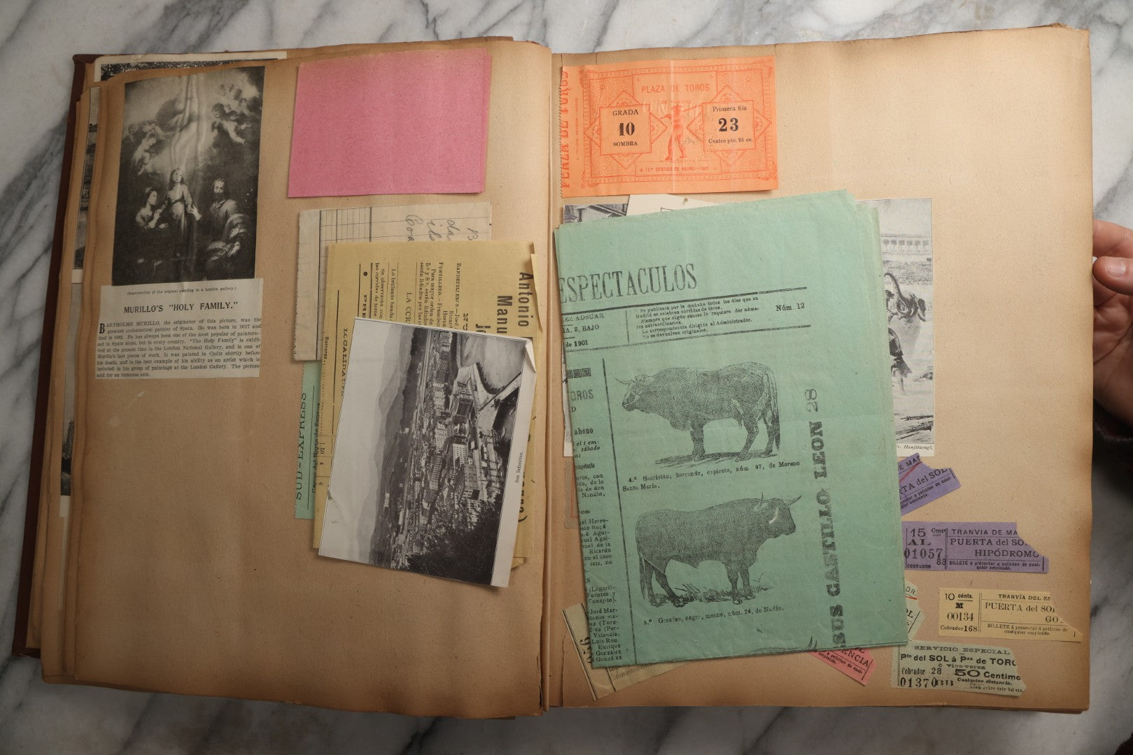 Lot 082 - Antique Brown Scrapbook Album With Gold Borders, European Travel Ephemera Including Touraine, Northern Spain, Holland, Wales, Thomas Cook Tickets, Hotel Menus, Postcards, Pressed Flowers, Circa 1901