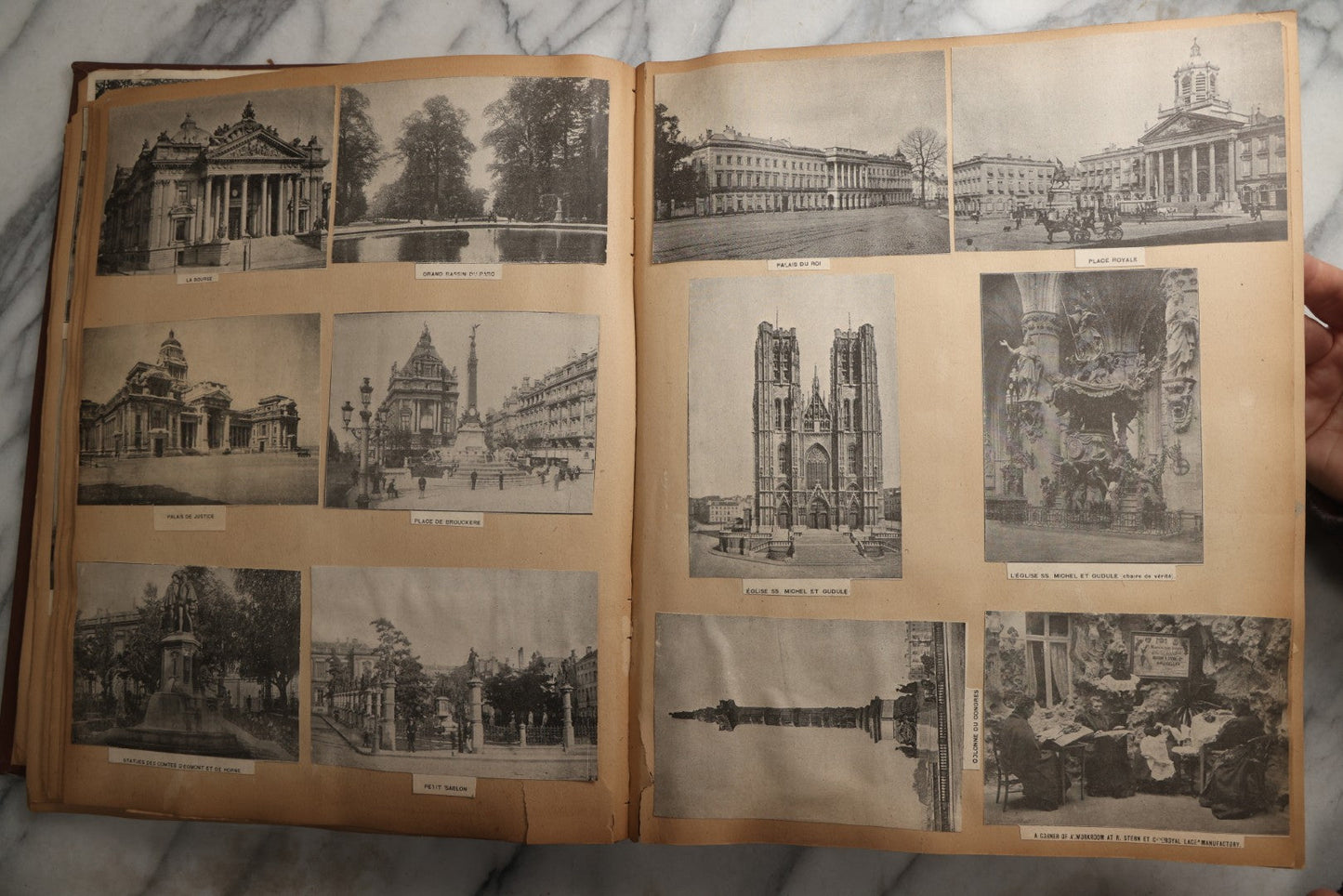 Lot 082 - Antique Brown Scrapbook Album With Gold Borders, European Travel Ephemera Including Touraine, Northern Spain, Holland, Wales, Thomas Cook Tickets, Hotel Menus, Postcards, Pressed Flowers, Circa 1901