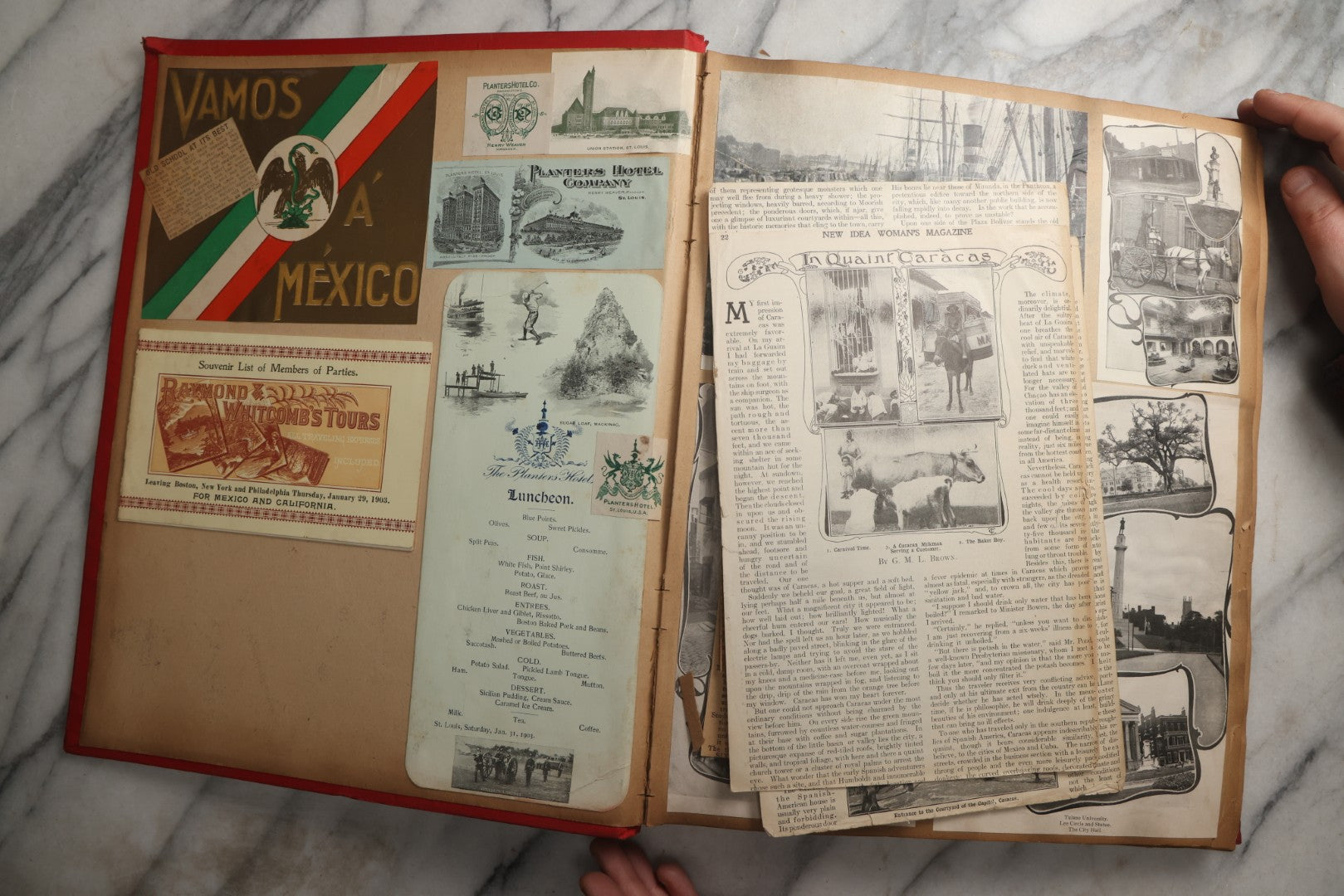Lot 083 - Antique Red Scrapbook Album With American Colleges, American And Mexico Travel, Caribbean Culture Ephemera, Pressed Flowers Throughout, Circa 1903