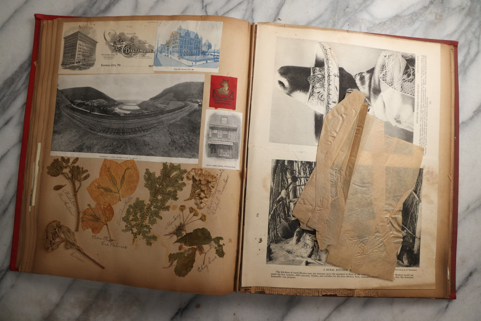 Lot 083 - Antique Red Scrapbook Album With American Colleges, American And Mexico Travel, Caribbean Culture Ephemera, Pressed Flowers Throughout, Circa 1903