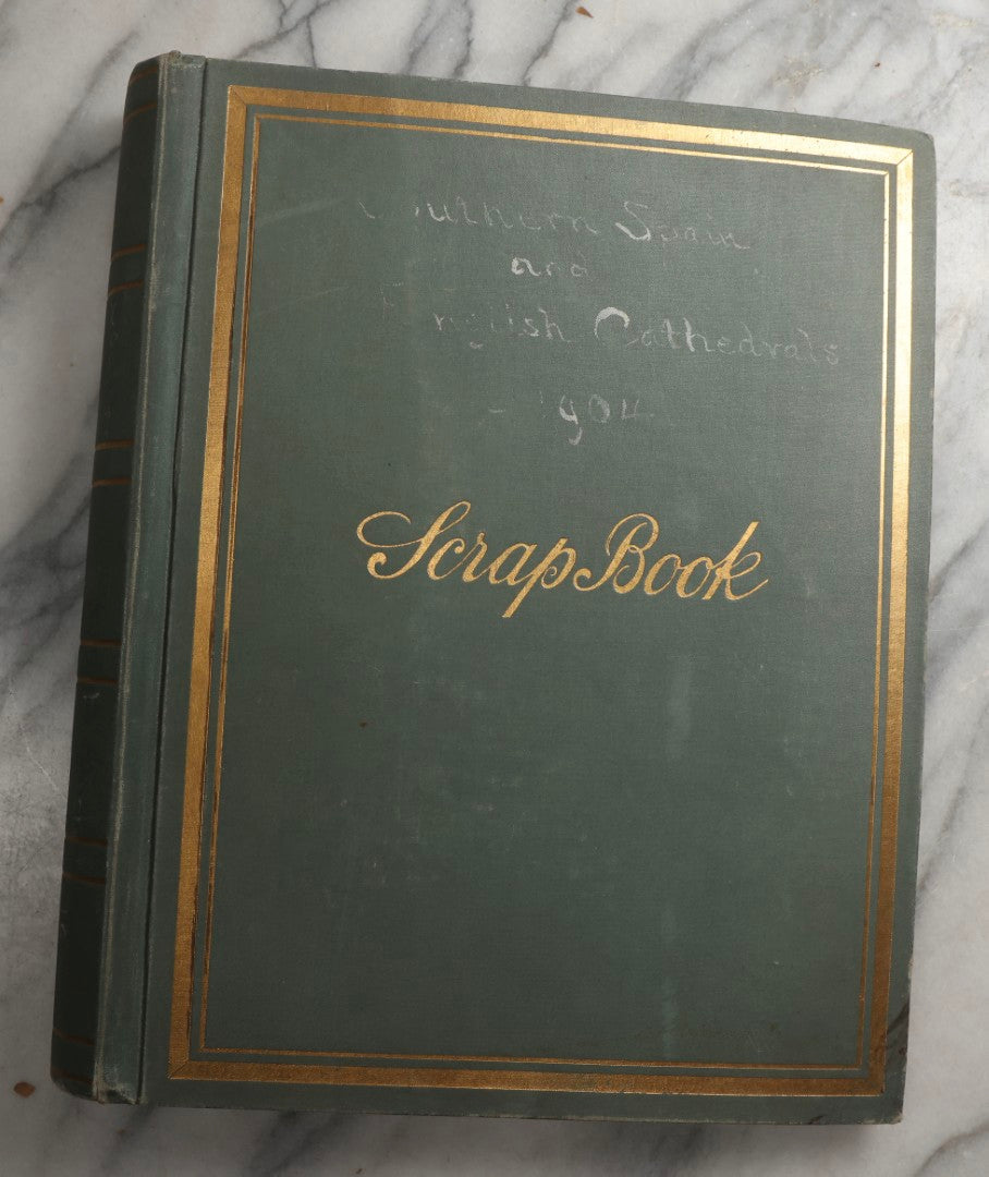 Lot 084 - Antique Light Blue "The Nonpareil" Scrapbook Album With Gold Lettering And Borders, Spain And England Travel Ephemera, Patent March 1876, Heavily Worn White Lettering Reads "Southern Spain And English Cathedrals 1904"