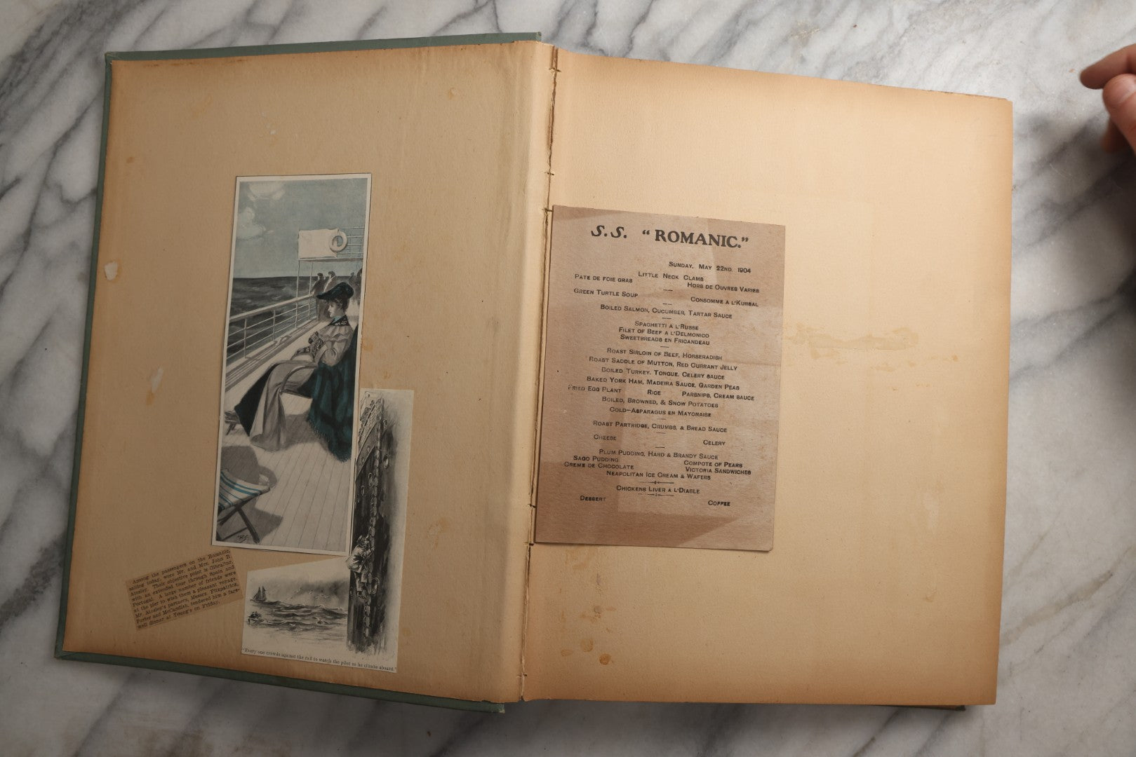 Lot 084 - Antique Light Blue "The Nonpareil" Scrapbook Album With Gold Lettering And Borders, Spain And England Travel Ephemera, Patent March 1876, Heavily Worn White Lettering Reads "Southern Spain And English Cathedrals 1904"