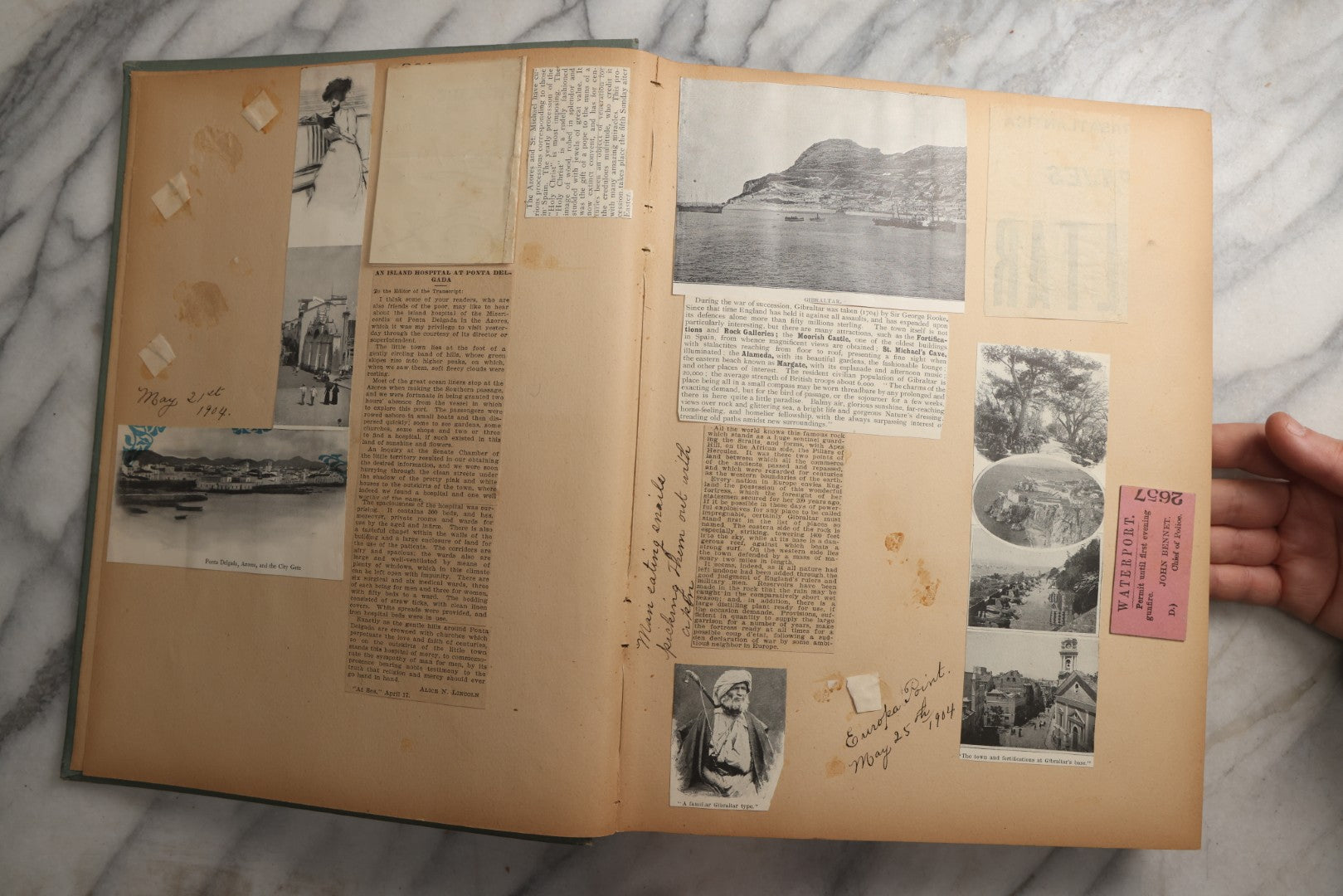 Lot 084 - Antique Light Blue "The Nonpareil" Scrapbook Album With Gold Lettering And Borders, Spain And England Travel Ephemera, Patent March 1876, Heavily Worn White Lettering Reads "Southern Spain And English Cathedrals 1904"