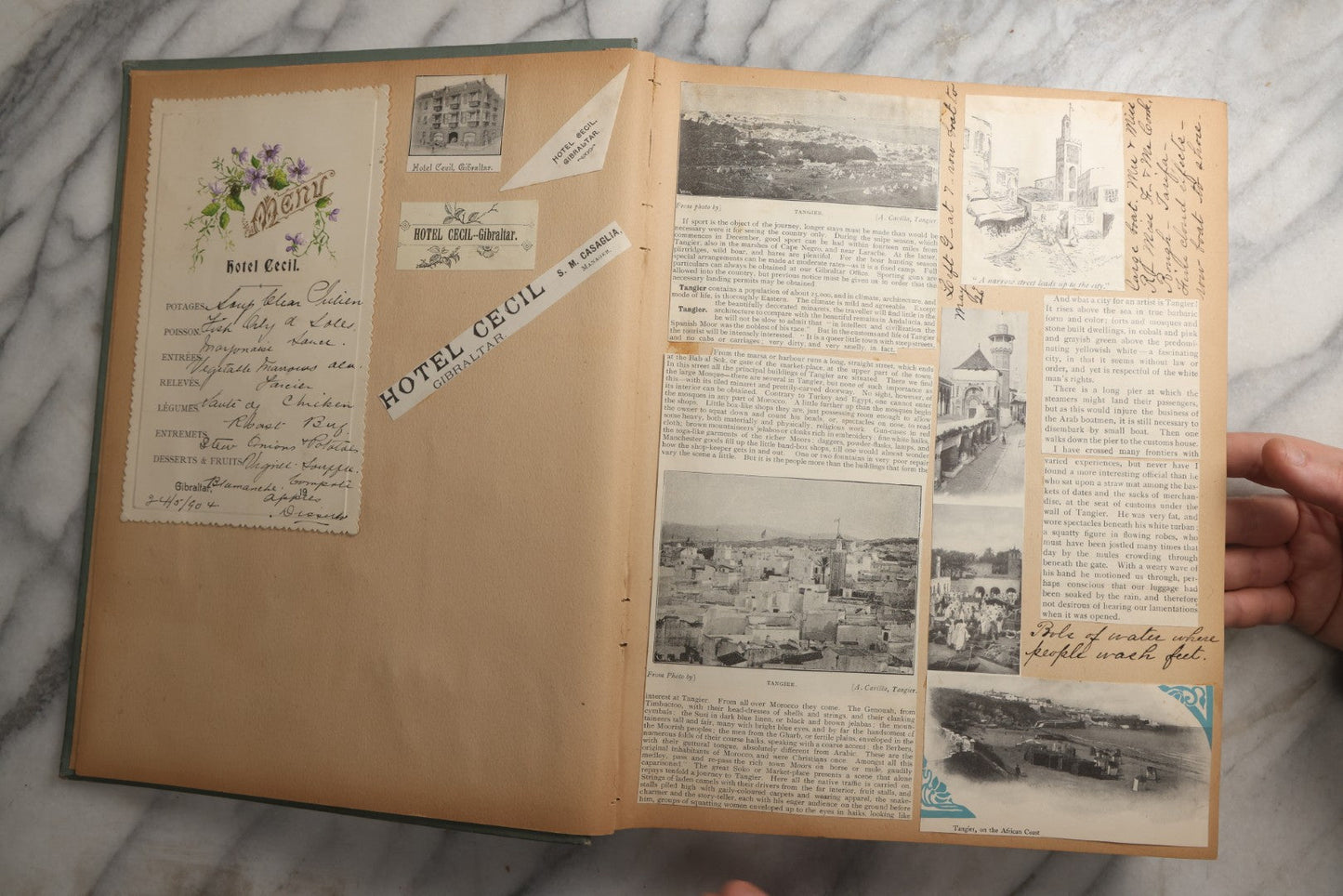 Lot 084 - Antique Light Blue "The Nonpareil" Scrapbook Album With Gold Lettering And Borders, Spain And England Travel Ephemera, Patent March 1876, Heavily Worn White Lettering Reads "Southern Spain And English Cathedrals 1904"