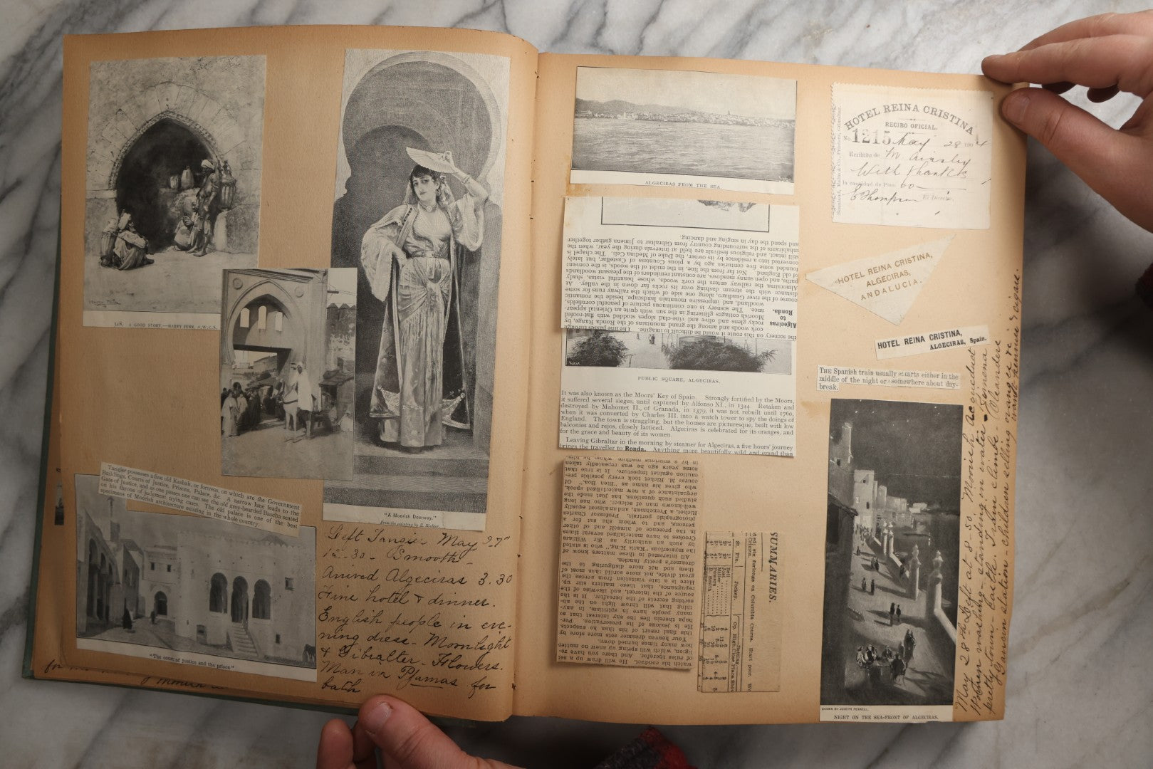 Lot 084 - Antique Light Blue "The Nonpareil" Scrapbook Album With Gold Lettering And Borders, Spain And England Travel Ephemera, Patent March 1876, Heavily Worn White Lettering Reads "Southern Spain And English Cathedrals 1904"