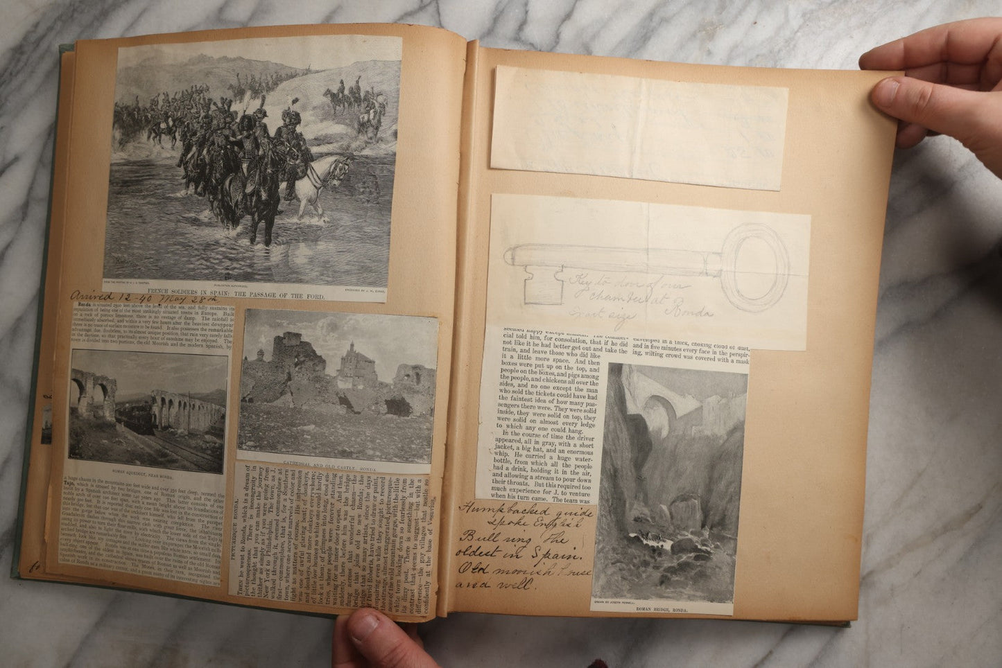 Lot 084 - Antique Light Blue "The Nonpareil" Scrapbook Album With Gold Lettering And Borders, Spain And England Travel Ephemera, Patent March 1876, Heavily Worn White Lettering Reads "Southern Spain And English Cathedrals 1904"