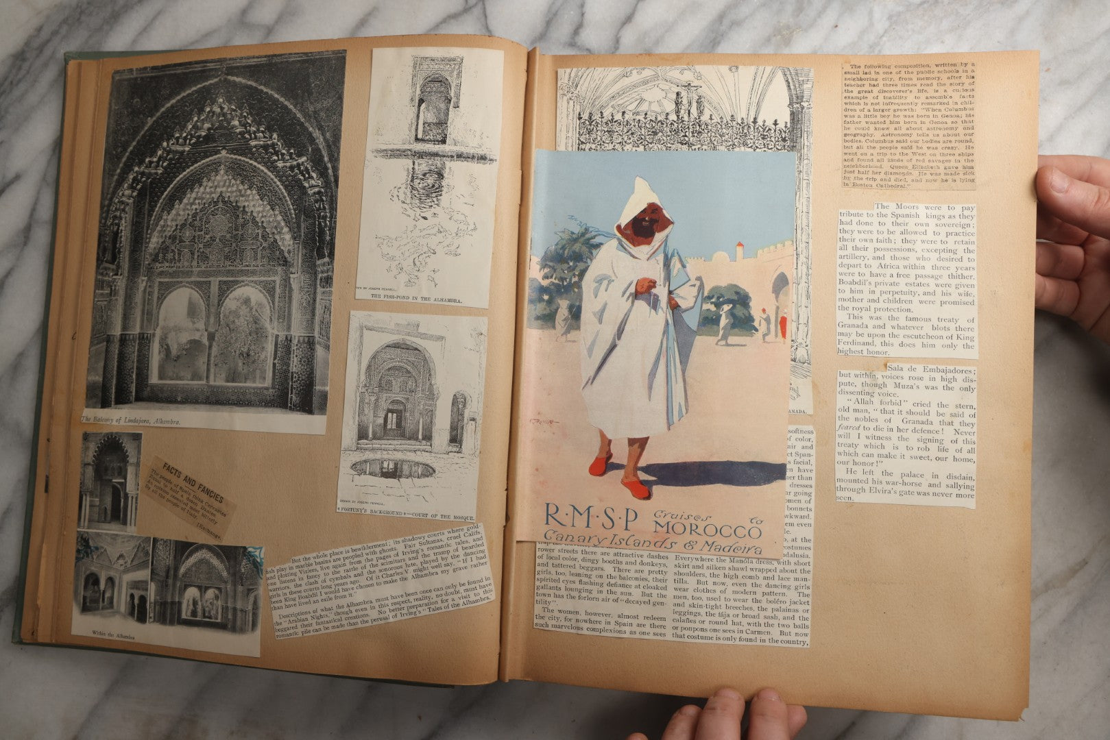 Lot 084 - Antique Light Blue "The Nonpareil" Scrapbook Album With Gold Lettering And Borders, Spain And England Travel Ephemera, Patent March 1876, Heavily Worn White Lettering Reads "Southern Spain And English Cathedrals 1904"