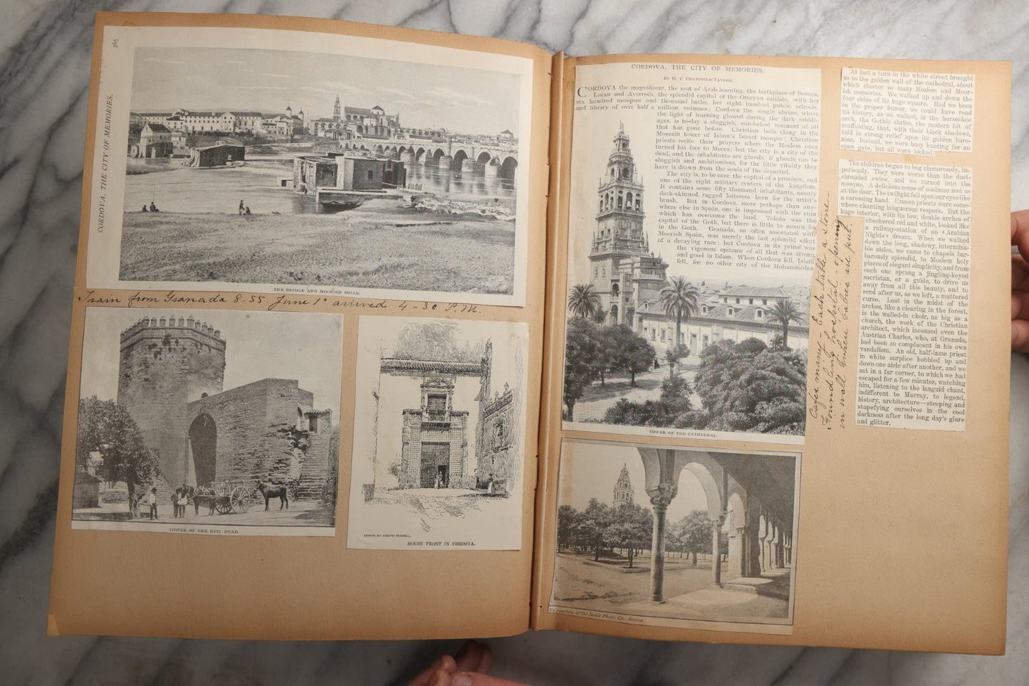 Lot 084 - Antique Light Blue "The Nonpareil" Scrapbook Album With Gold Lettering And Borders, Spain And England Travel Ephemera, Patent March 1876, Heavily Worn White Lettering Reads "Southern Spain And English Cathedrals 1904"