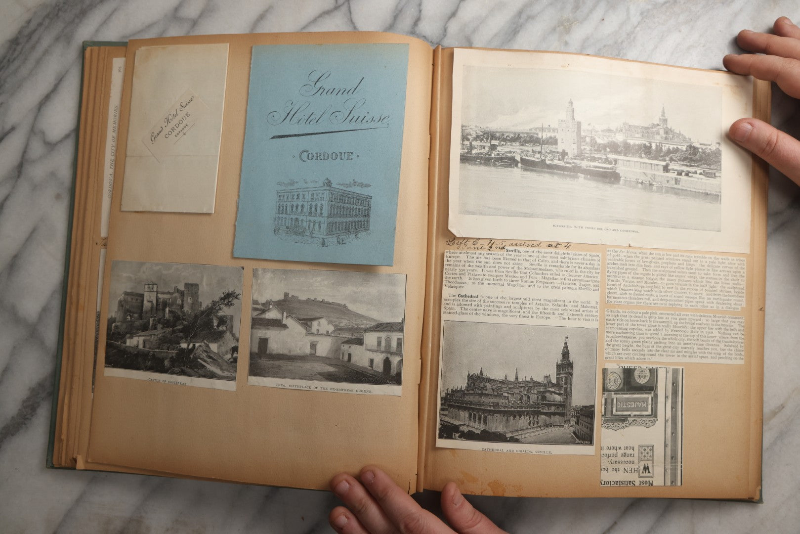 Lot 084 - Antique Light Blue "The Nonpareil" Scrapbook Album With Gold Lettering And Borders, Spain And England Travel Ephemera, Patent March 1876, Heavily Worn White Lettering Reads "Southern Spain And English Cathedrals 1904"
