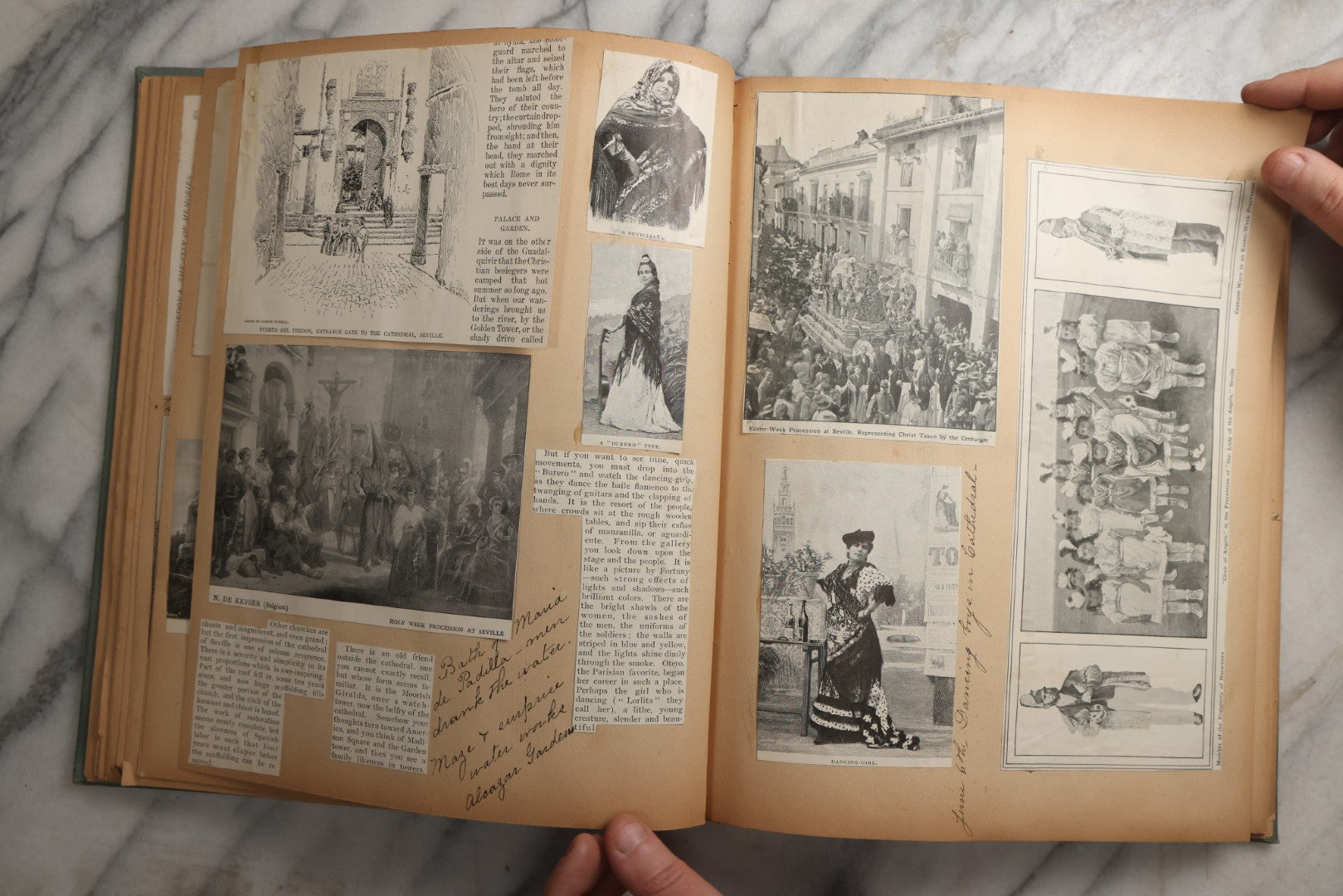 Lot 084 - Antique Light Blue "The Nonpareil" Scrapbook Album With Gold Lettering And Borders, Spain And England Travel Ephemera, Patent March 1876, Heavily Worn White Lettering Reads "Southern Spain And English Cathedrals 1904"