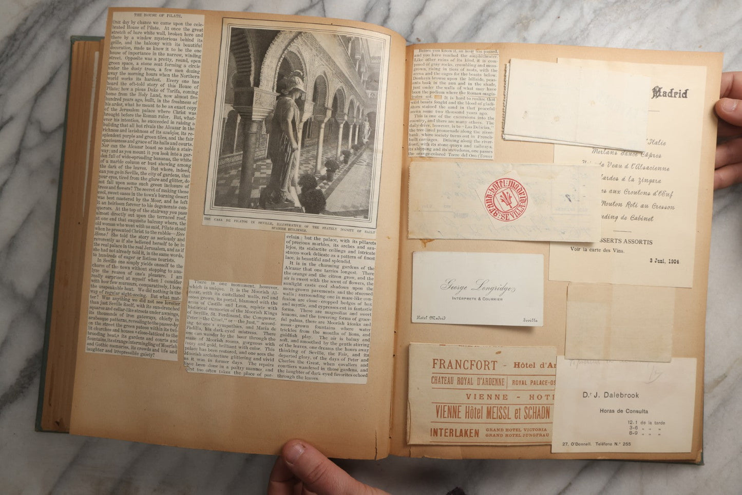 Lot 084 - Antique Light Blue "The Nonpareil" Scrapbook Album With Gold Lettering And Borders, Spain And England Travel Ephemera, Patent March 1876, Heavily Worn White Lettering Reads "Southern Spain And English Cathedrals 1904"