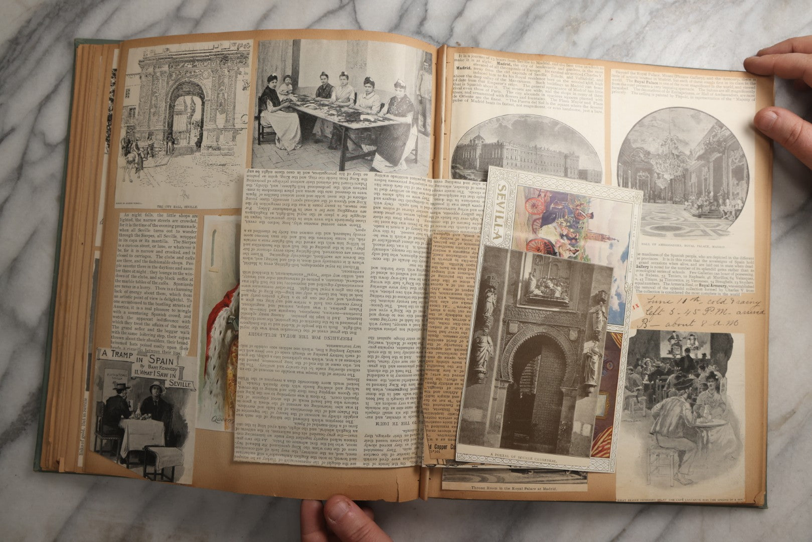 Lot 084 - Antique Light Blue "The Nonpareil" Scrapbook Album With Gold Lettering And Borders, Spain And England Travel Ephemera, Patent March 1876, Heavily Worn White Lettering Reads "Southern Spain And English Cathedrals 1904"