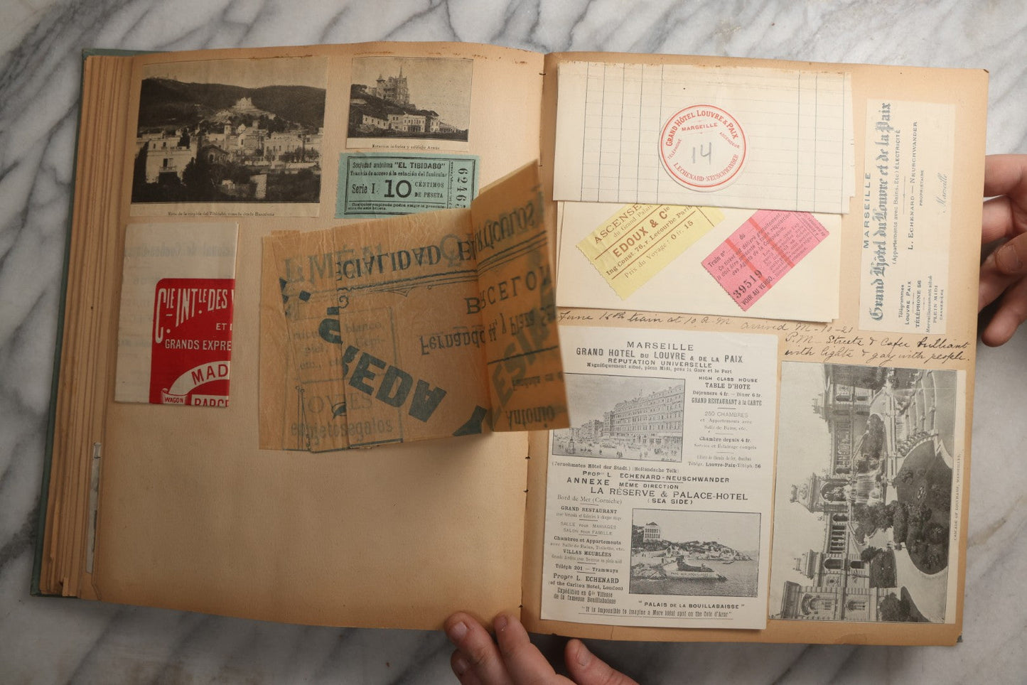 Lot 084 - Antique Light Blue "The Nonpareil" Scrapbook Album With Gold Lettering And Borders, Spain And England Travel Ephemera, Patent March 1876, Heavily Worn White Lettering Reads "Southern Spain And English Cathedrals 1904"