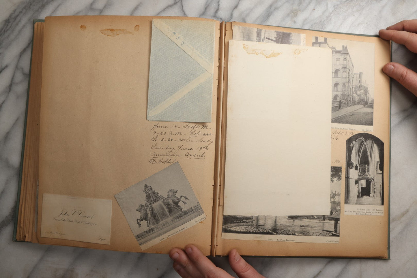 Lot 084 - Antique Light Blue "The Nonpareil" Scrapbook Album With Gold Lettering And Borders, Spain And England Travel Ephemera, Patent March 1876, Heavily Worn White Lettering Reads "Southern Spain And English Cathedrals 1904"