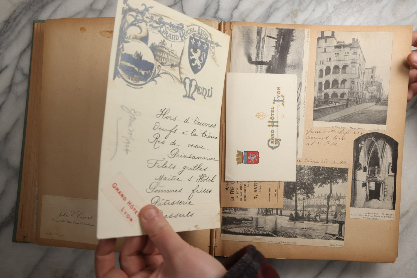 Lot 084 - Antique Light Blue "The Nonpareil" Scrapbook Album With Gold Lettering And Borders, Spain And England Travel Ephemera, Patent March 1876, Heavily Worn White Lettering Reads "Southern Spain And English Cathedrals 1904"