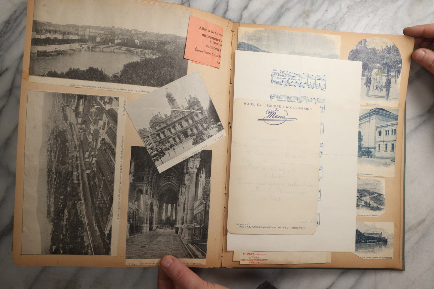 Lot 084 - Antique Light Blue "The Nonpareil" Scrapbook Album With Gold Lettering And Borders, Spain And England Travel Ephemera, Patent March 1876, Heavily Worn White Lettering Reads "Southern Spain And English Cathedrals 1904"