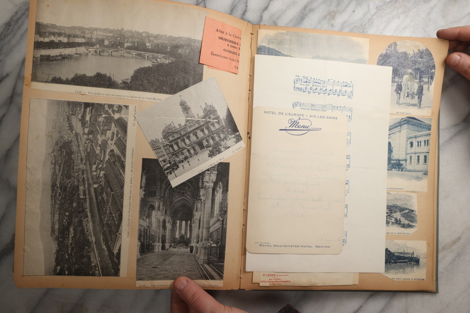 Lot 084 - Antique Light Blue "The Nonpareil" Scrapbook Album With Gold Lettering And Borders, Spain And England Travel Ephemera, Patent March 1876, Heavily Worn White Lettering Reads "Southern Spain And English Cathedrals 1904"